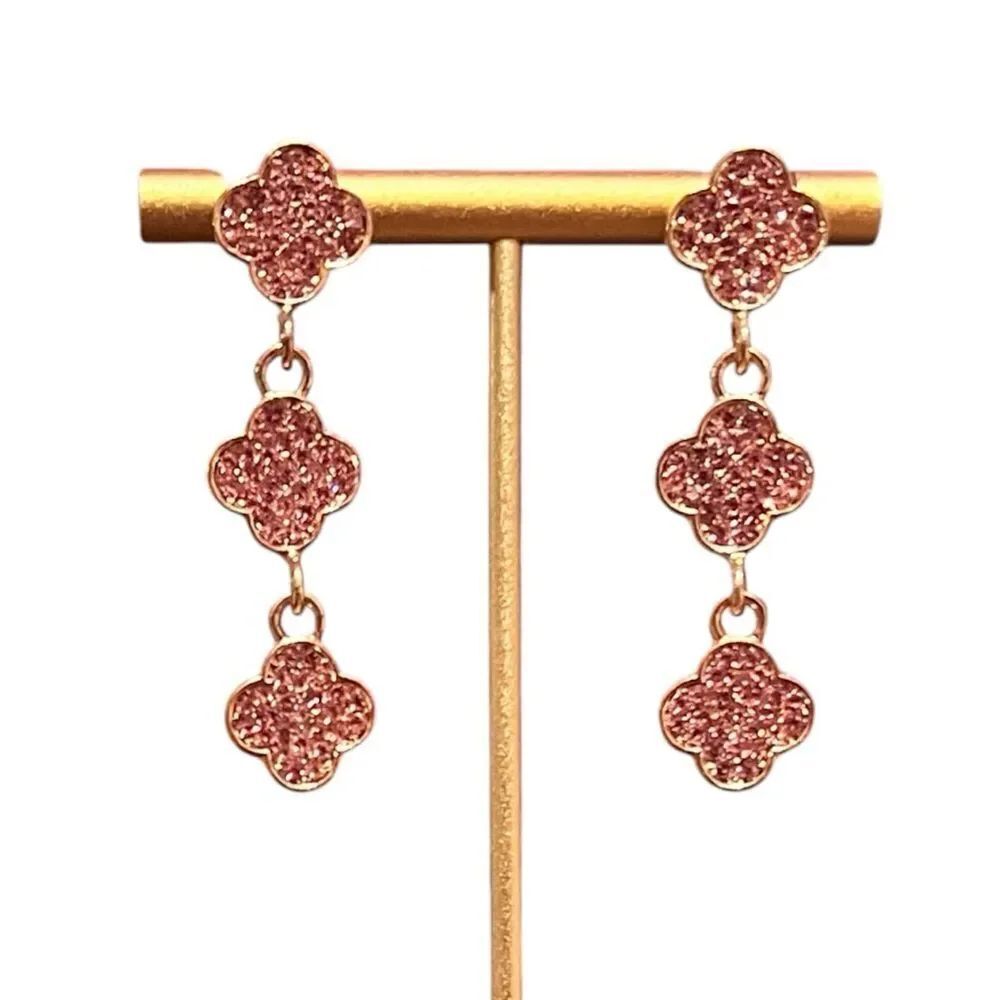 💎2/$30💎 Elegant Pink Crystal Triple Clover Alhambra Gold Tone Dangle Earrings